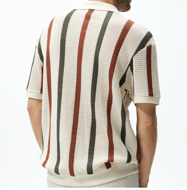 Men’s Chunky Knit Short-Sleeve Polo – Striped, Casual Summer Wear