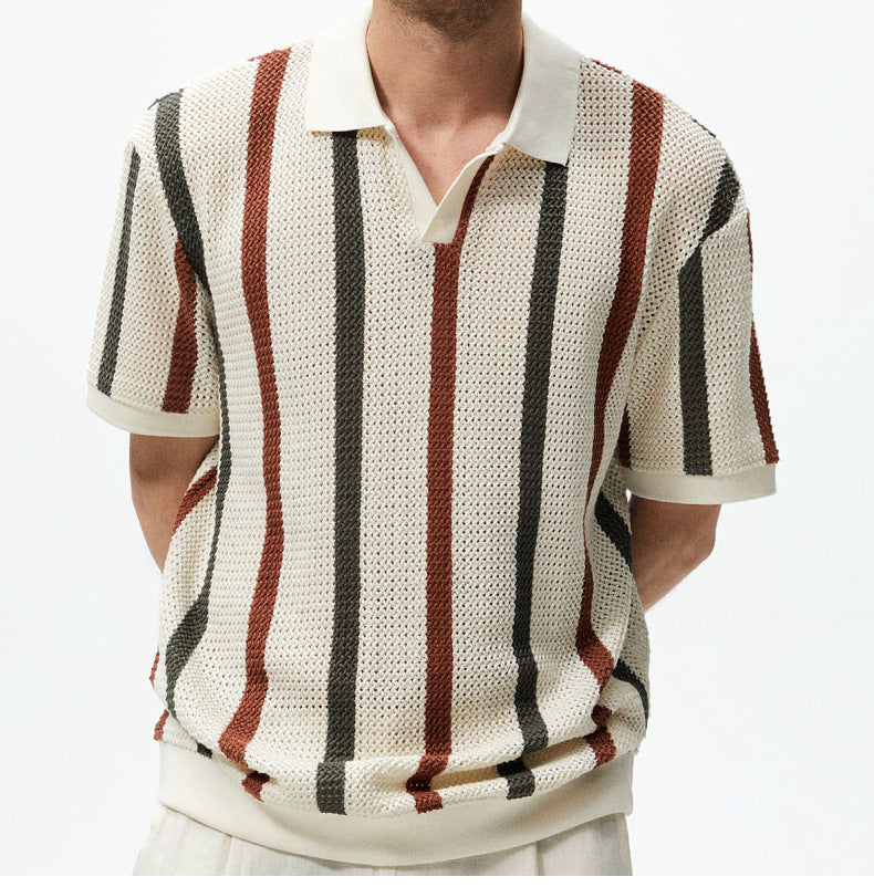 Men’s Chunky Knit Short-Sleeve Polo – Striped, Casual Summer Wear