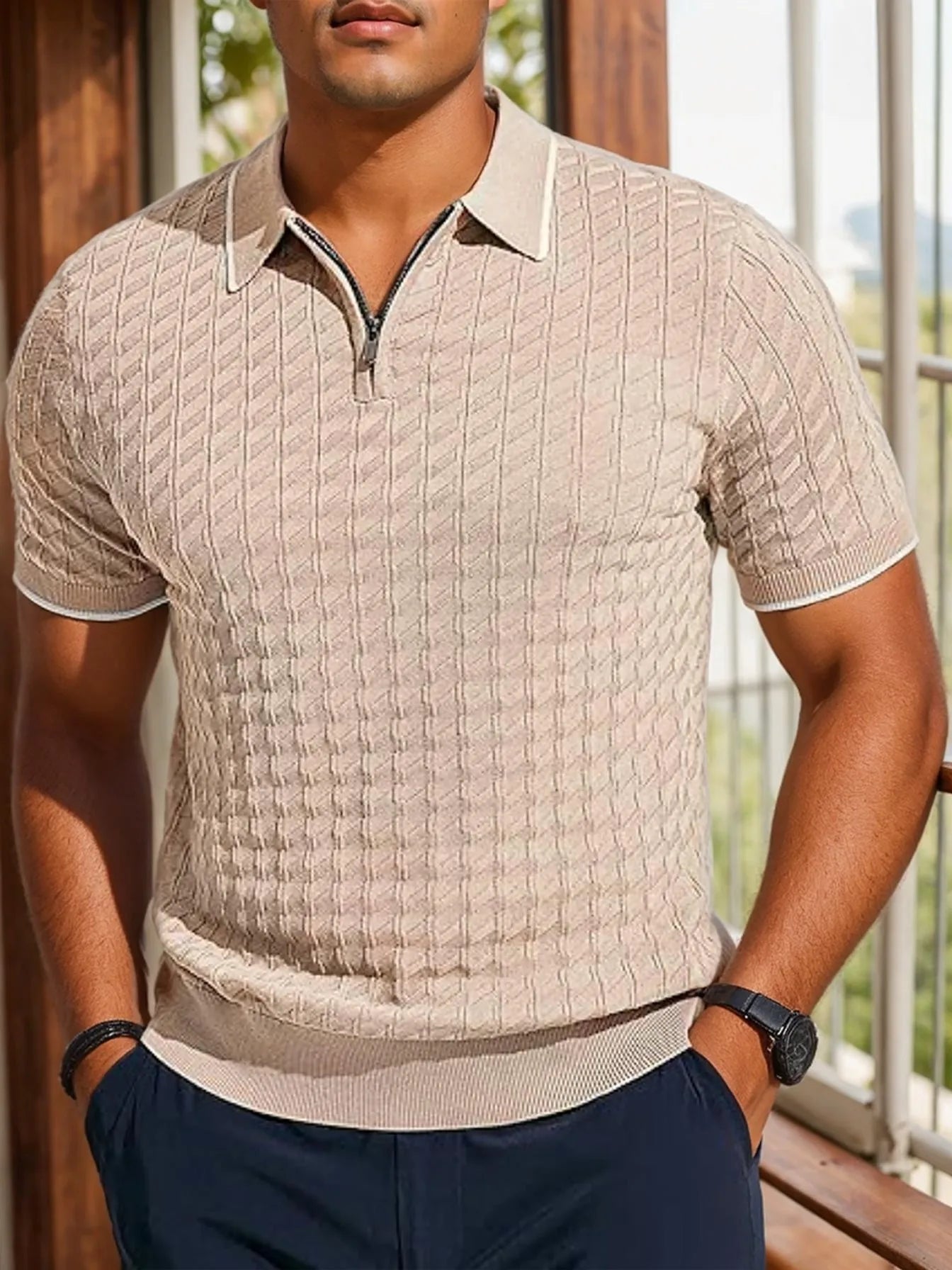 Men’s Knitted Half-Zip Sweater – Short Sleeve, Lapel Collar