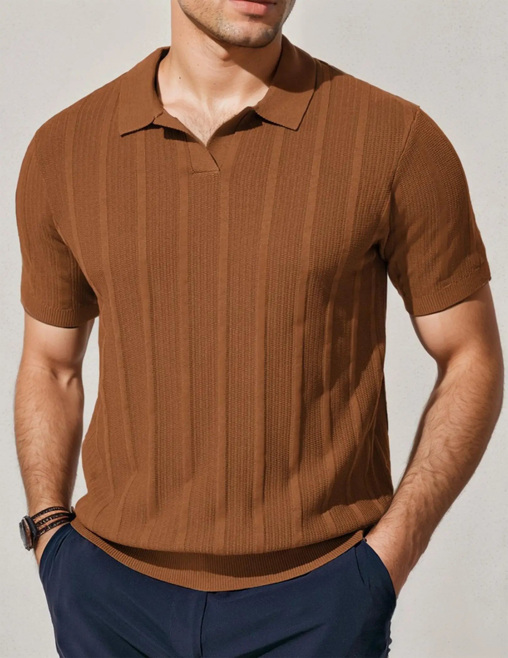 Men’s Long-Sleeve Textured Polo Shirt – Casual & Refined