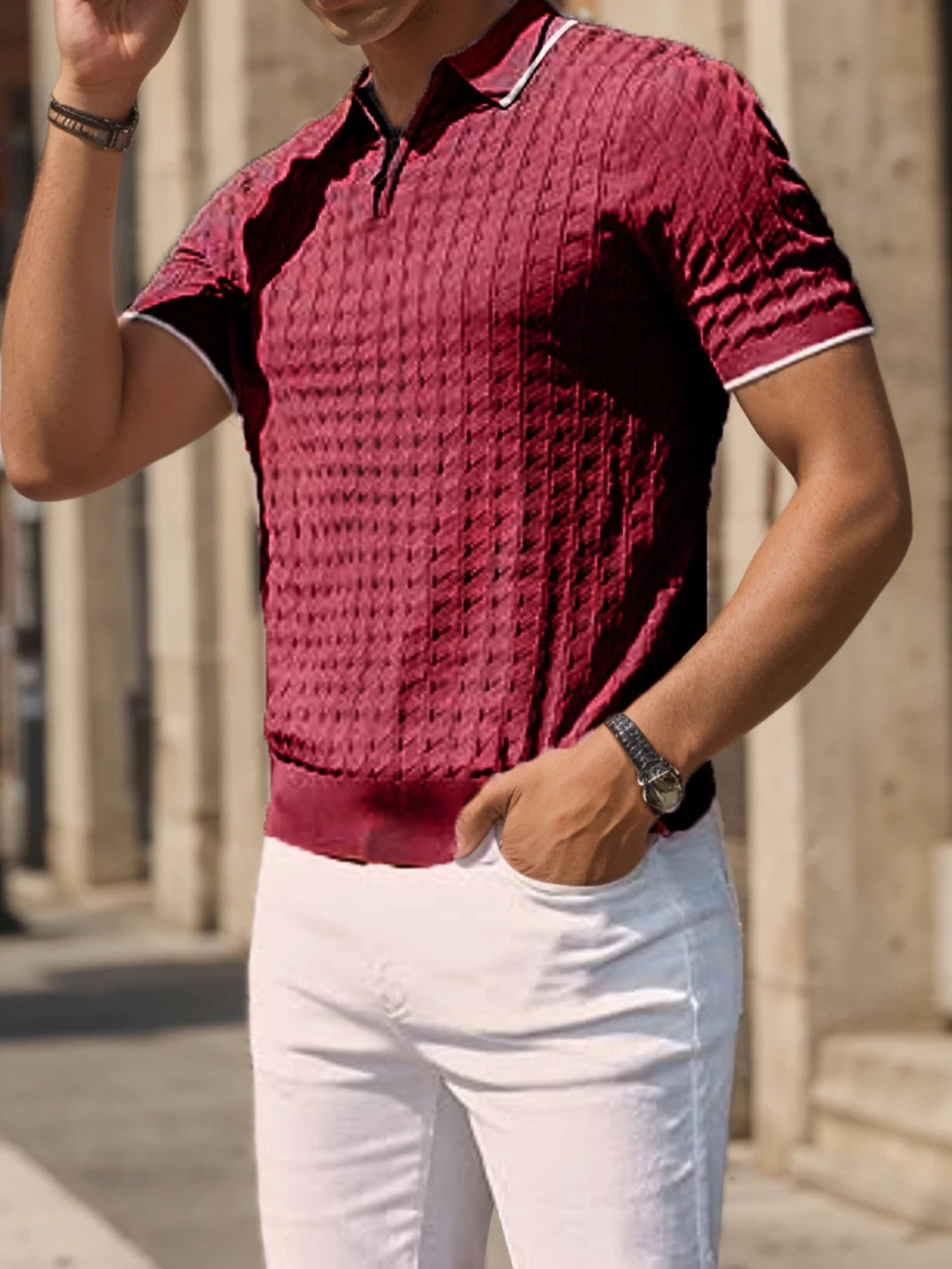 Men’s Knitted Half-Zip Sweater – Short Sleeve, Lapel Collar