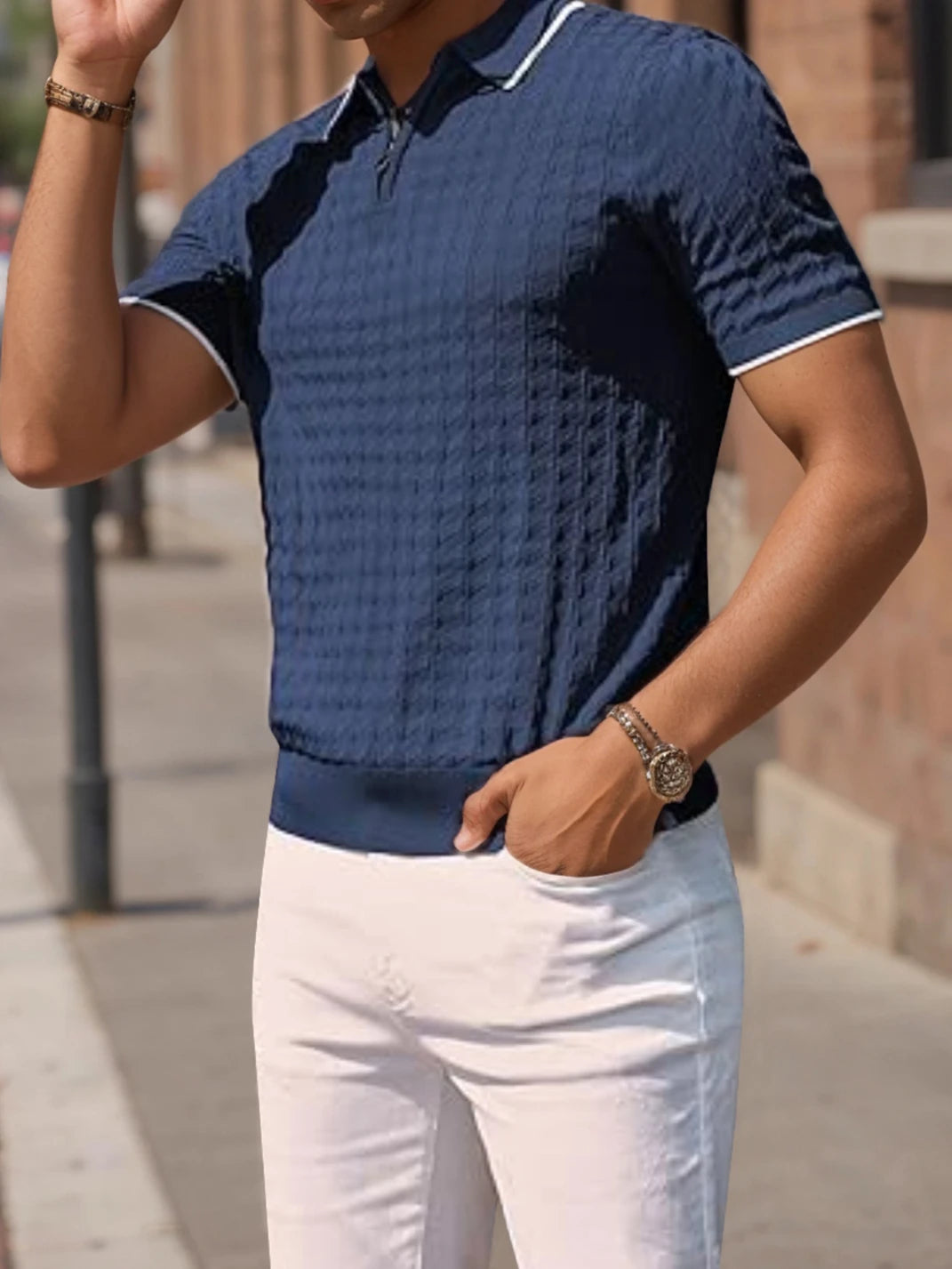 Men’s Knitted Half-Zip Sweater – Short Sleeve, Lapel Collar