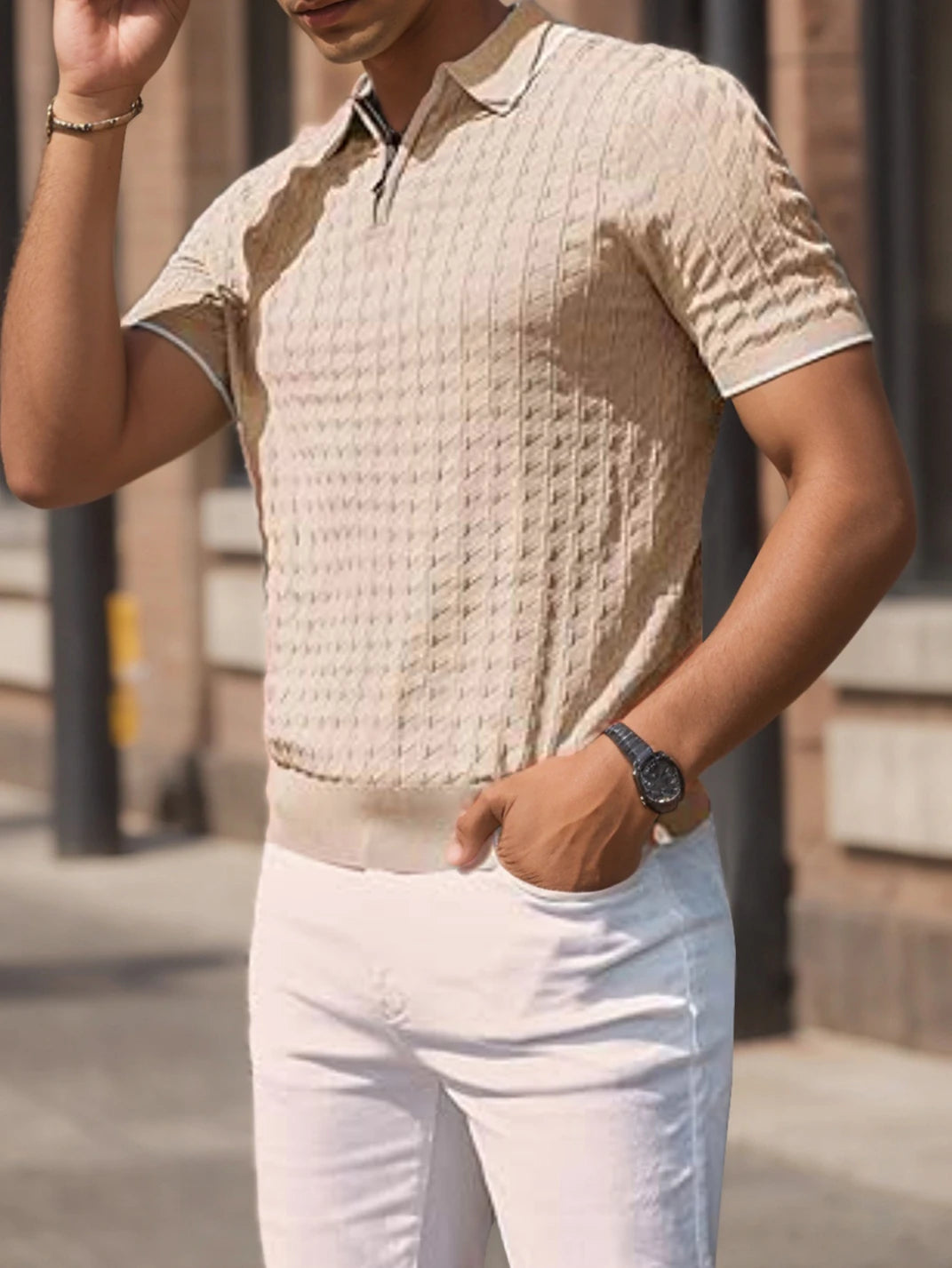 Men’s Knitted Half-Zip Sweater – Short Sleeve, Lapel Collar