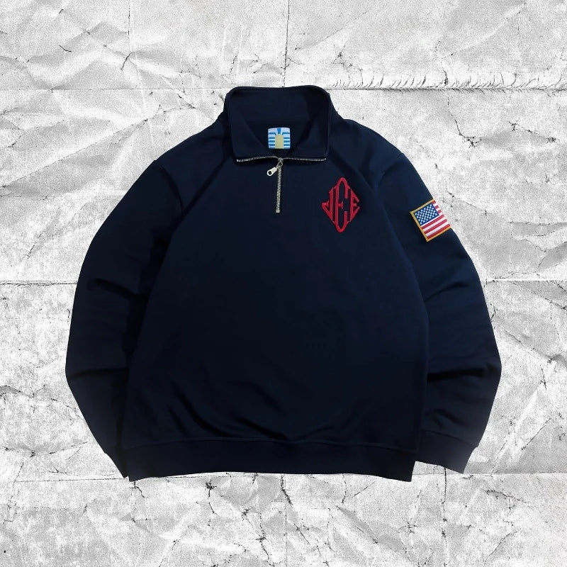 Jeffrey Epstein Quarter Zip Navy Blue Sweatshirt Retro Y2K