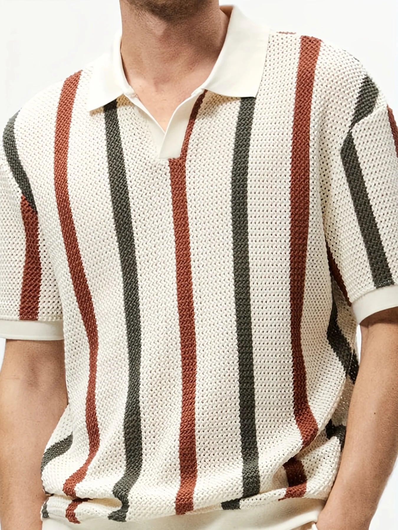 Men’s Chunky Knit Short-Sleeve Polo – Striped, Casual Summer Wear