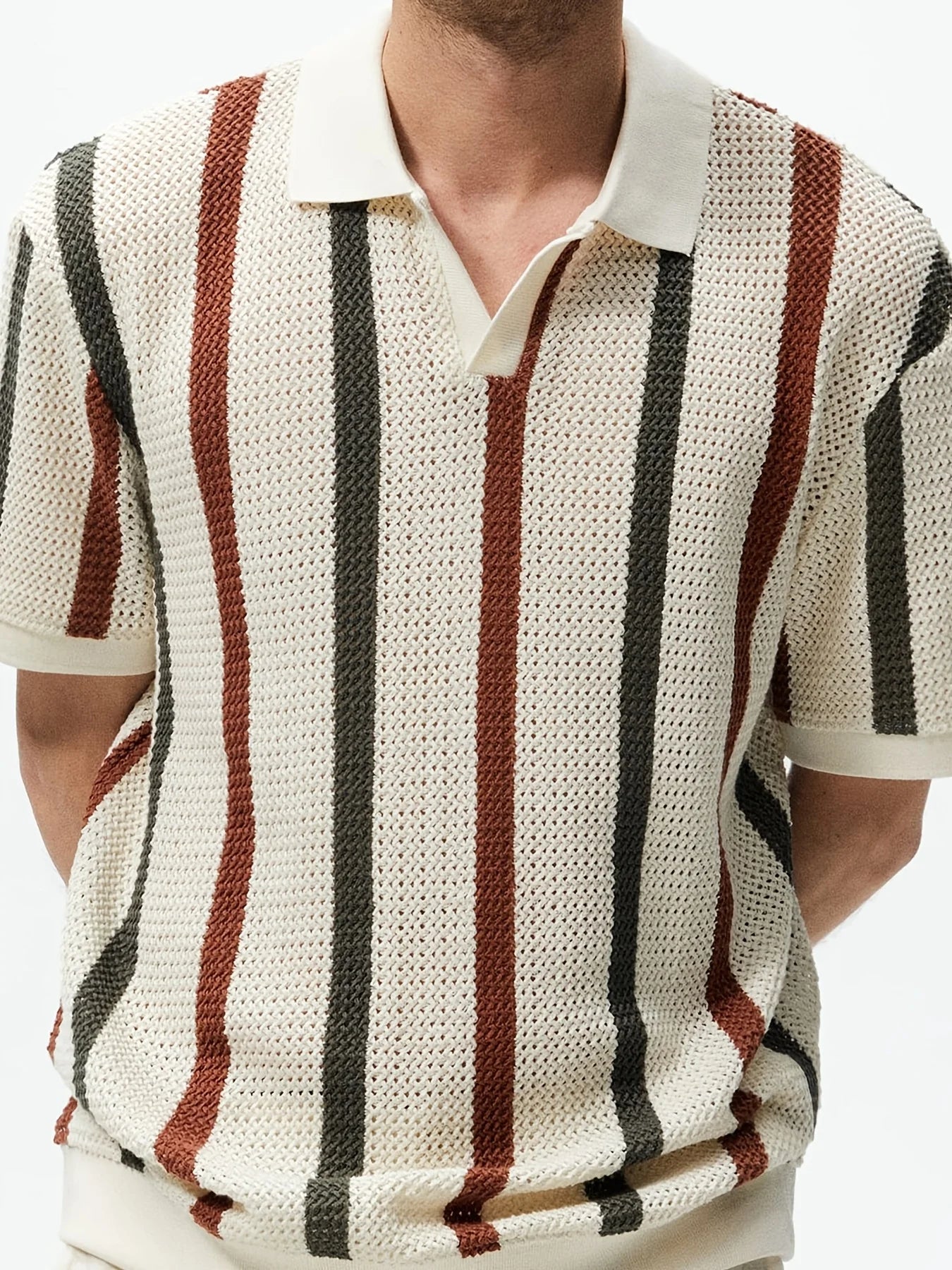 Men’s Chunky Knit Short-Sleeve Polo – Striped, Casual Summer Wear