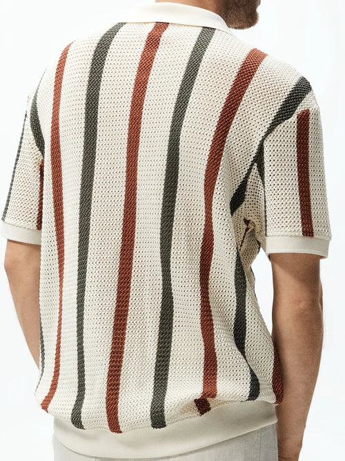 Men’s Chunky Knit Short-Sleeve Polo – Striped, Casual Summer Wear